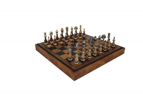 Arabic Chess Set Metal & Wood, Leather Board, Checkers & Backgammon Italfama