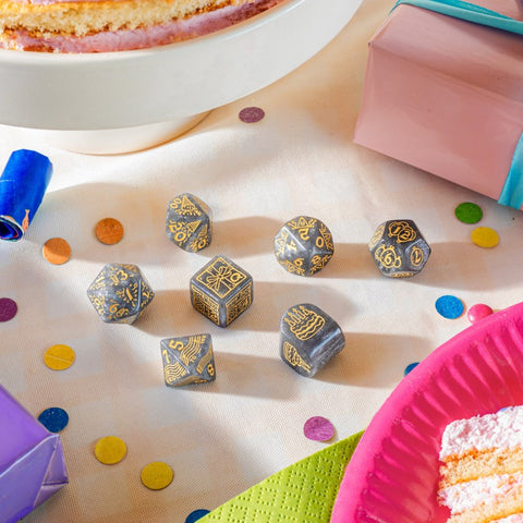 Q-WORKSHOP Happy Birthday Confetti 7-Die RPG Dice Set Gray Gold