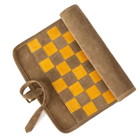 Manopoulos Roll-Up Suede Travel Chess Set Khaki Brown w/ Metal Chessmen Greece