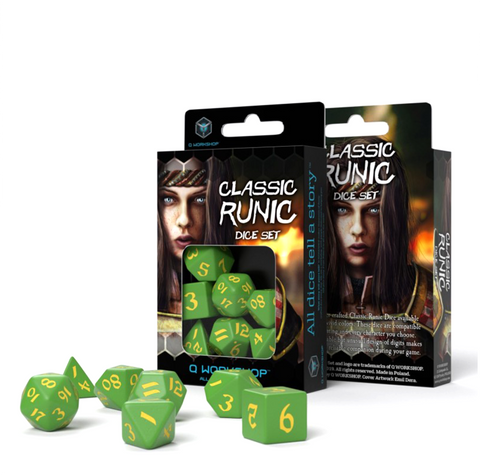 Q-Workshop Runic Green & Yellow 7-Die RPG Dice Set for Tabletop Games
