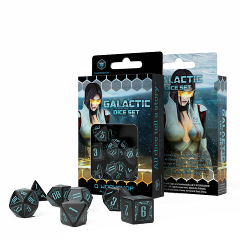 Q-Workshop Galactic 7-Die RPG Dice Set Black & Blue Polyhedral