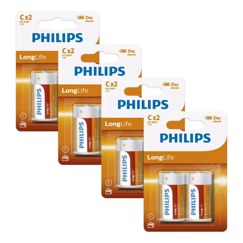 8x Philips LongLife C Batteries R14 1.5V Zinc Chloride Baby UM2
