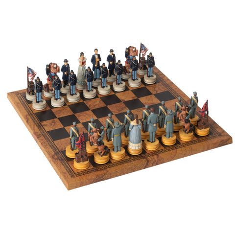 Hand-Painted Civil War Resin Chess Set w/ Leatherette Map Board, Italfama Italy
