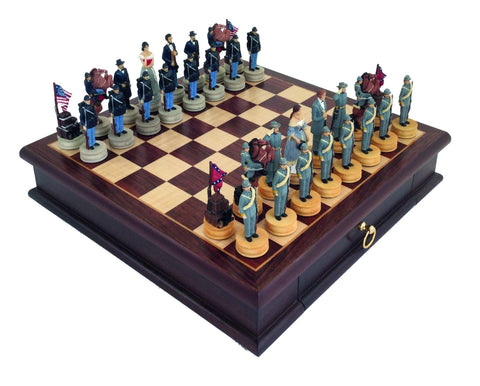 Italfama Civil War Chess Set, Hand-Painted Resin, Mahogany Board w/ Drawer Italy