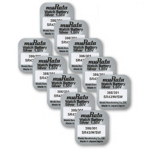 10x Murata 386 301 SR43 Silver Oxide 1.55V Watch Batteries