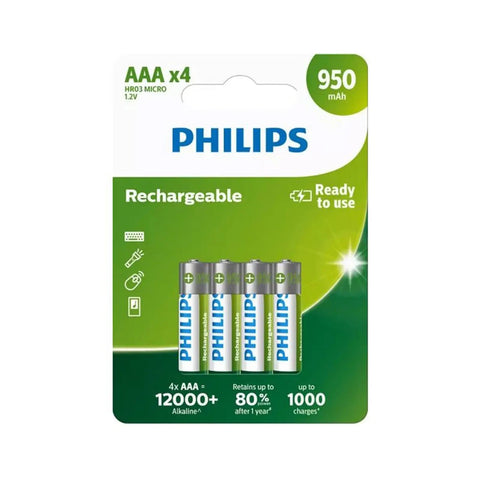 4x Philips AAA Rechargeable Batteries NiMH 950mAh 1.2V HR03 Micro