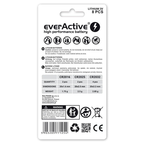 8x EverActive Lithium Button Cell Set CR2032 CR2025 CR2016 3V
