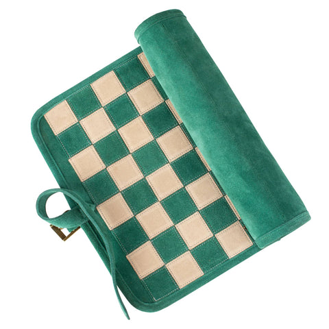 Manopoulos Forest Green Suede Roll-Up Travel Chess Set w/ Metal Chessmen