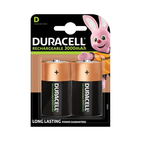 2x Duracell D Rechargeable Batteries 3000mAh NiMH HR20 DC1300 1.2V