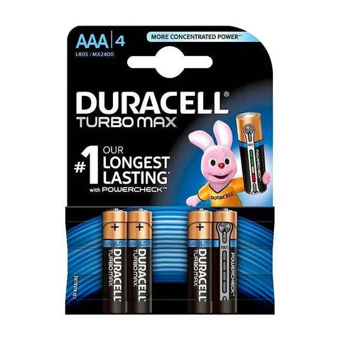4x Duracell Turbo Max AAA LR03 Alkaline Batteries with Powercheck