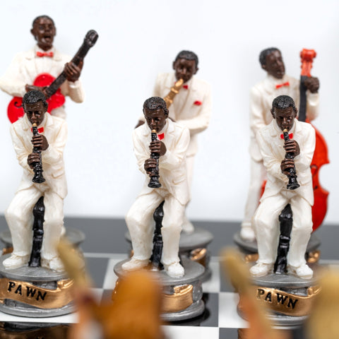 Italfama Jazz vs Rock Hand Painted Chess Set with Glossy Black Wood Board