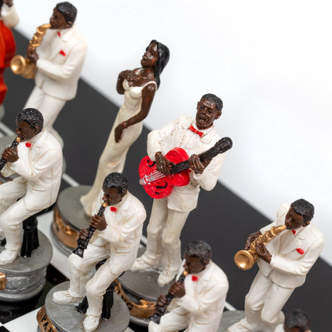 Italfama Jazz vs Rock Hand Painted Chess Set with Glossy Black Wood Board