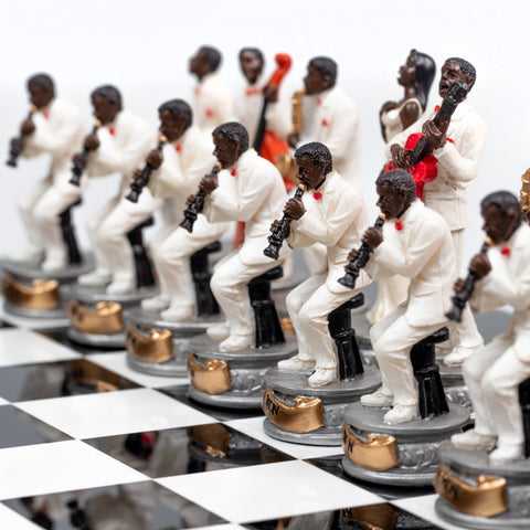 Italfama Jazz vs Rock Hand Painted Chess Set with Glossy Black Wood Board