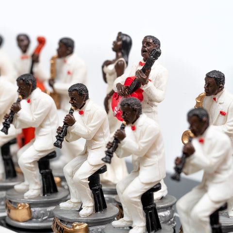 Italfama Jazz vs Rock Hand Painted Chess Set with Glossy Black Wood Board