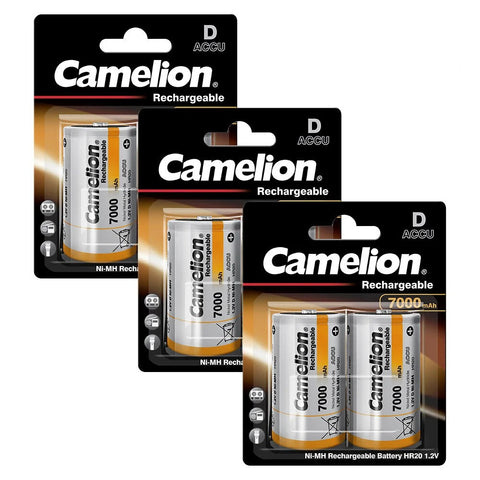 6x Camelion D Rechargeable Batteries NiMH HR20 1.2V 7000mAh