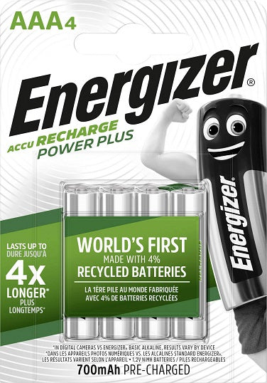 4x Energizer Power Plus AAA HR03 Rechargeable Batteries 700mAh NiMH