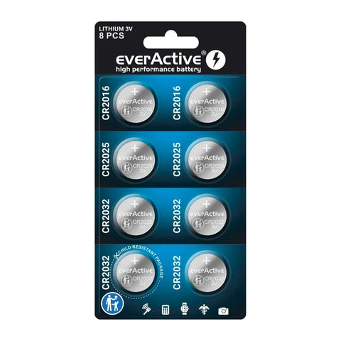 EverActive 8-piece lithium coin cell set CR2032 CR2025 CR2016 – single card