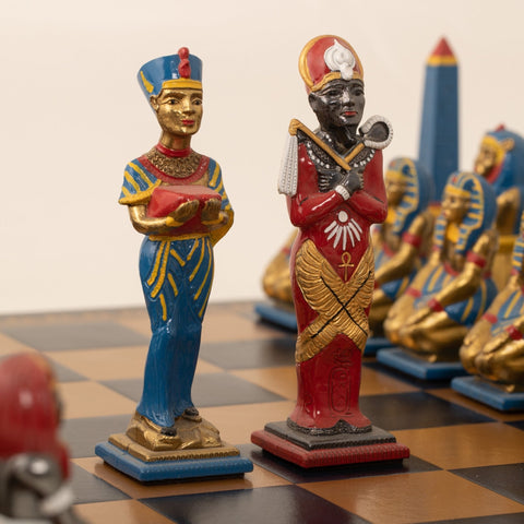 Italfama Egyptian Hand Painted Chess Set with Faux Leather Board, Large