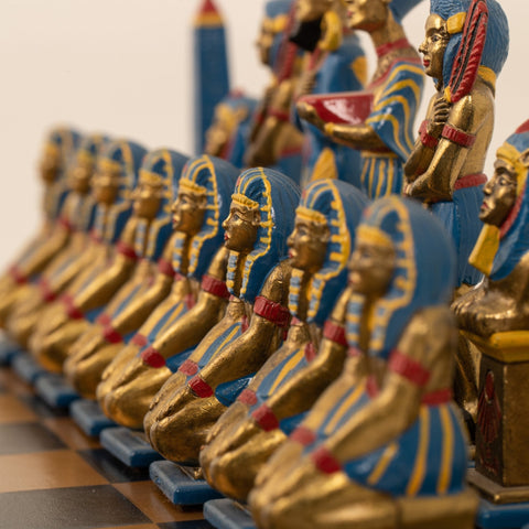 Italfama Egyptian Hand Painted Chess Set with Faux Leather Board, Large