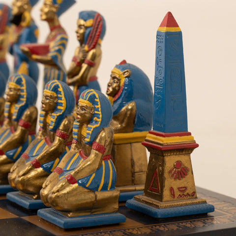 Italfama Egyptian Hand Painted Chess Set with Faux Leather Board, Large
