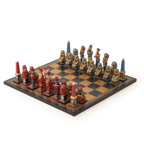 Italfama Egyptian Hand Painted Chess Set with Faux Leather Board, Large