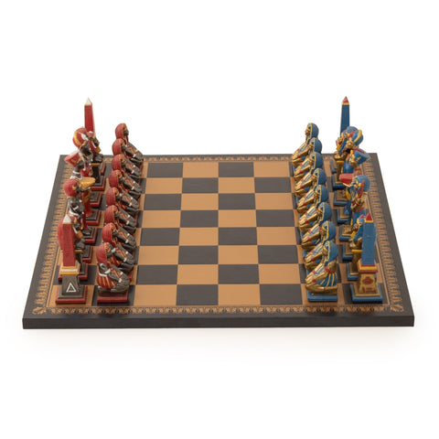 Italfama Egyptian Hand Painted Chess Set with Faux Leather Board, Large