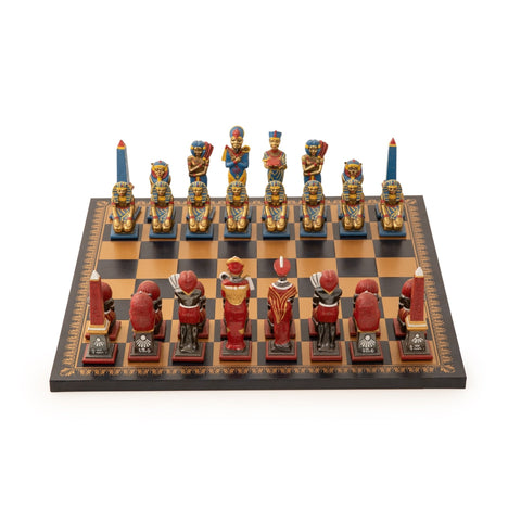 Italfama Egyptian Hand Painted Chess Set with Faux Leather Board, Large