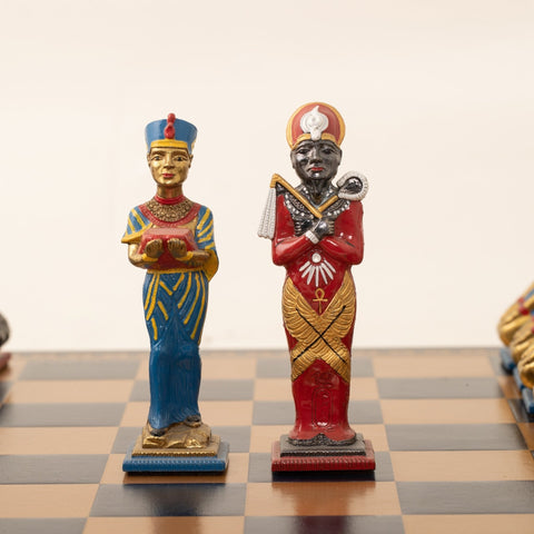 Italfama Egyptian Hand Painted Chess Set with Faux Leather Board, Large