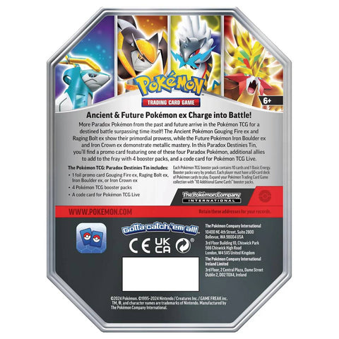 Pokemon TCG Paradox Destinies Ex Tin Gouging Fire ex + 5 Booster Packs