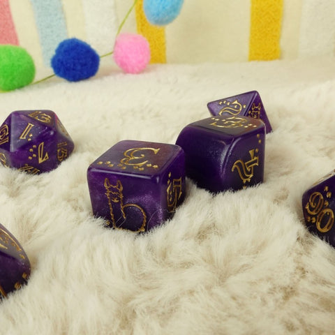 Llama Dice Set Zippy 7 Polyhedral RPG Dice Shimmer Purple Gold Q-Workshop