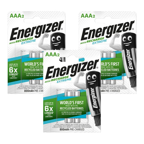 6x Energizer Recharge Extreme AAA HR03 1.2V 800mAh NiMH Batteries