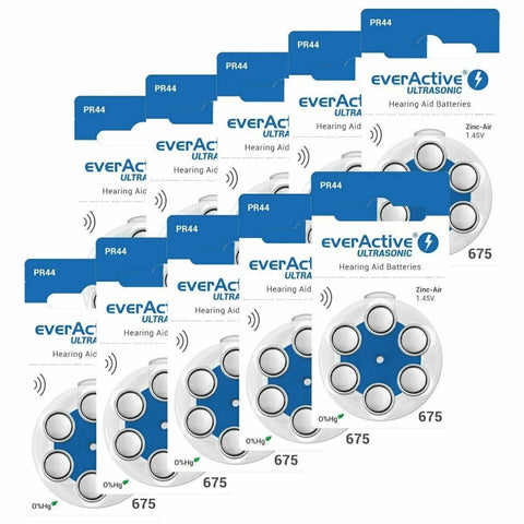 60x EverActive Size 675 Zinc Air Hearing Aid Batteries 1.45V PR44