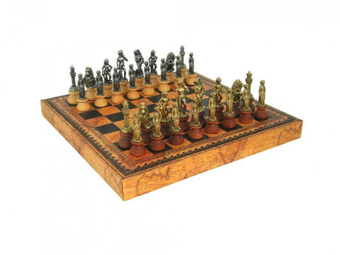 Italfama Florentine Metal Chess Set, Gold/Silver, Faux Leather Board 35cm Storage