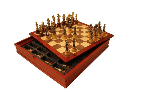Italfama Florentine Chess Set Gold/Silver Metal Pieces, Walnut Board w/ Storage