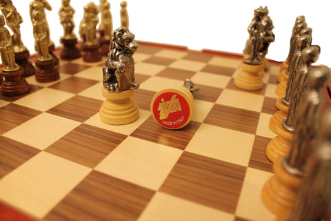 Italfama Florentine Chess Set Gold/Silver Metal Pieces, Walnut Board w/ Storage