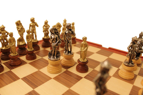 Italfama Florentine Chess Set Gold/Silver Metal Pieces, Walnut Board w/ Storage