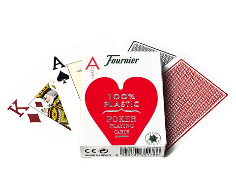 A pack of Fournier 100% Plastic Poker Playing Cards in red color with jumbo indices, including 52 cards and 2 Jokers, displayed on a white background.