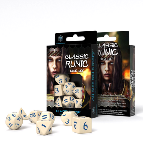 Q-Workshop Classic Runic Beige Blue 7-Die RPG Polyhedral Dice Set