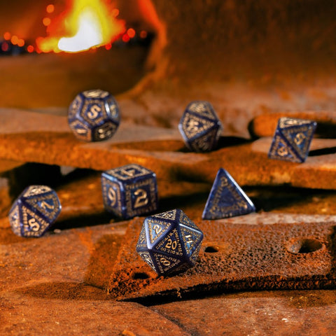 Q-Workshop Runic Dice Set 7pc Mixed Blue Gold Polyhedral RPG DnD