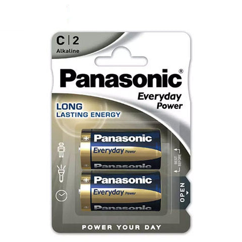 2x Panasonic C Alkaline Batteries 1.5V Everyday Power Long Lasting