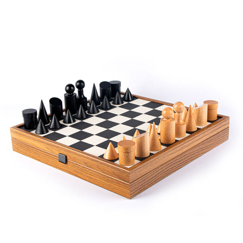 Wood Chess Set Bauhaus Style Chessmen Leatherette Board 40Cm Manopoulos Sd50Bla