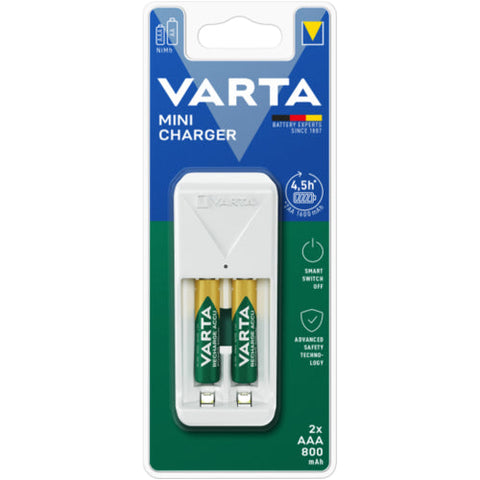 VARTA Mini Charger 57656 with 2x AAA NiMH Batteries Smart Auto Shut-Off