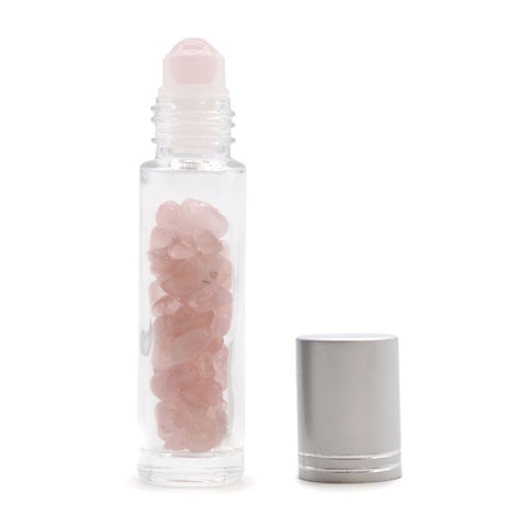 Rose Quartz Essential Oil Roller Bottle with Silver Cap, Gemstone Rollerball