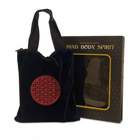Black Zippered Tarot & Crystal Tote Bag, Red Flower of Life Embroidery
