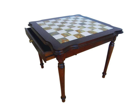 Italfama Italian Marble-Top Chess Table with Oversized Gold/Silver Brass Set