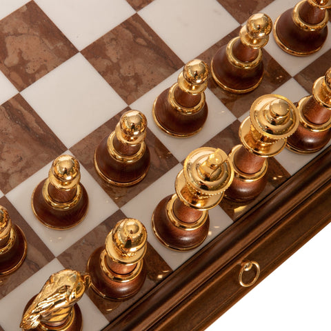 Italfama XL Gold & Silver Plated Chess Set with Wood & Marble Table, Italy