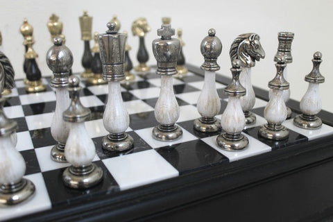 Handcrafted Italfama Chess Set, Marble-Wood Board, Metal Pieces, Storage, 50cm