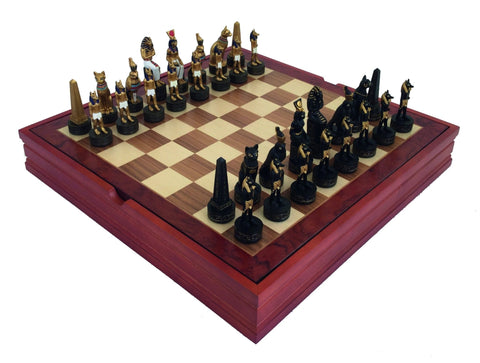 Ancient Egypt Chess Set Hand-Painted Resin, Wooden Board w/ Storage, Italfama