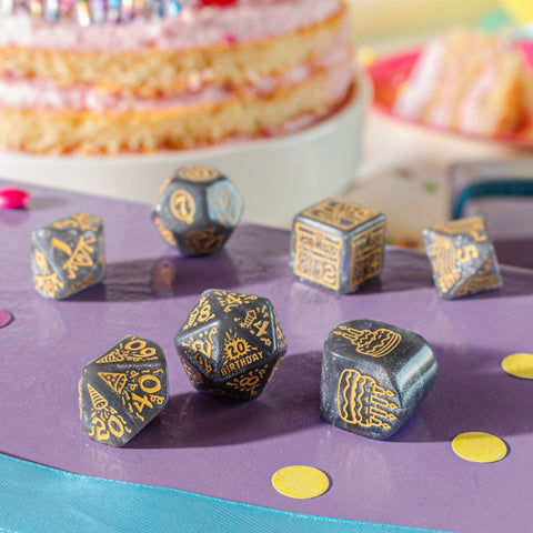 Q-WORKSHOP Happy Birthday Confetti 7-Die RPG Dice Set Gray Gold