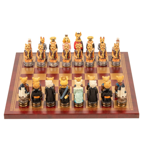Italfama Cats vs Dogs Hand Painted Resin Chess Set Faux Leather Board